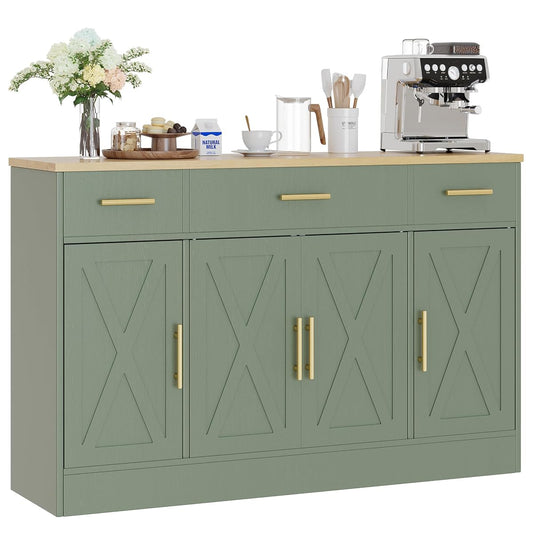 Buffet Cabinet with Storage,53.4" Large Kitchen Storage Cabinet with 3 Drawers and 4 Doors,Wood Farmhouse Buffet Sideboard with Adjustable Shelf for Kitchen Living Room, Green