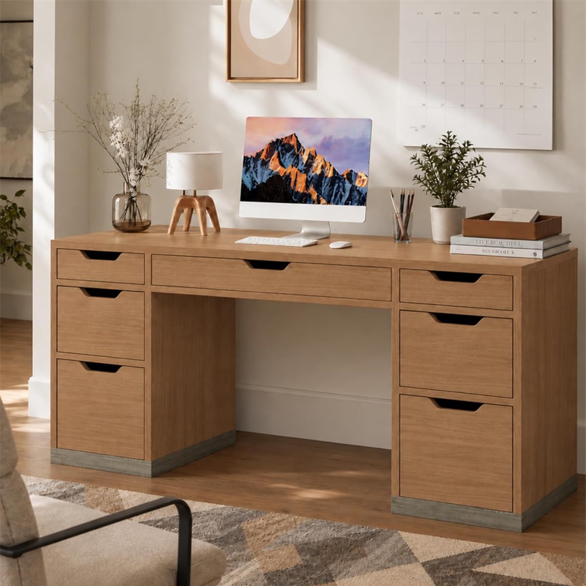 Executive Desk with Drawers, Office Desk with Stoarge, Brown