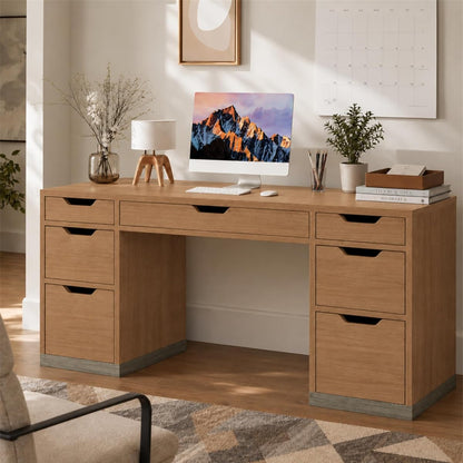 Executive Desk with Drawers, Office Desk with Stoarge, Brown