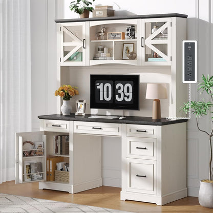 72" H Farmhouse Executive Desk with Hutch, Office Desk, Computer Desks with Charging Station, Computer Workstations with 5 Drawers and Storage Cabinet for Home, Office, Off White & Black