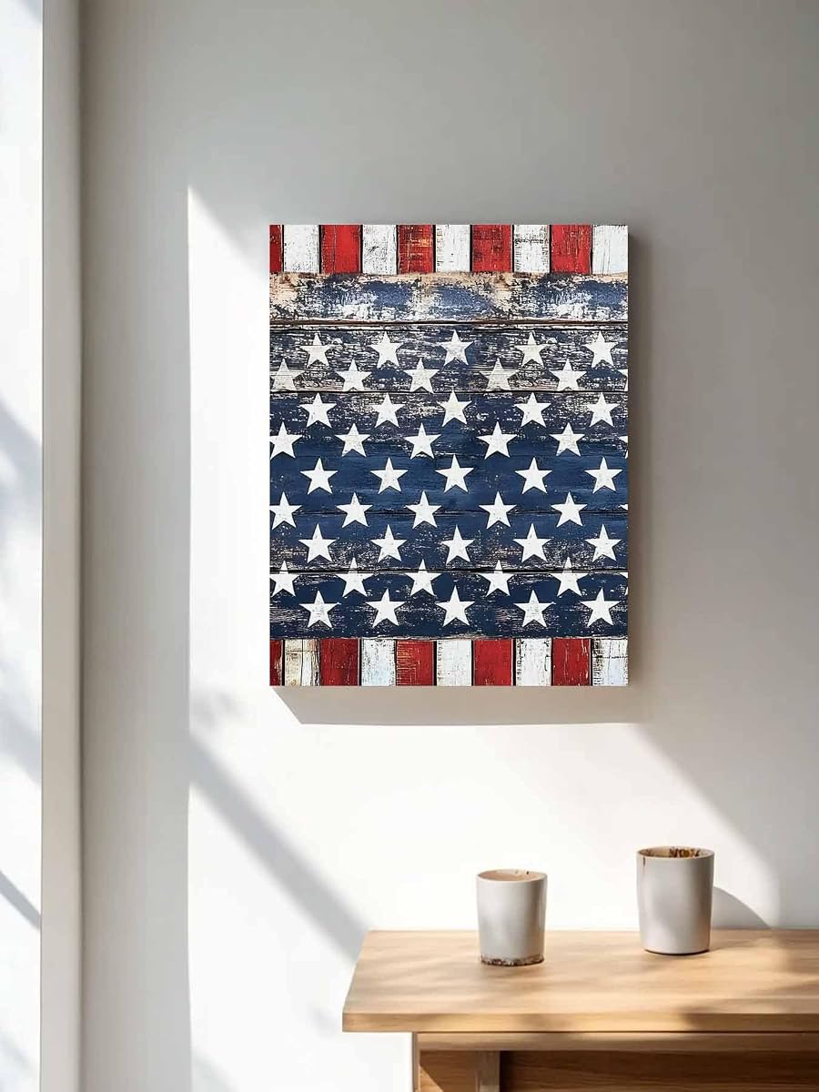 NuYeBiofx Retro Farmhouse Stars Stripes Canvas Wall Art Prints,30"x20" Framed Picture Artwork Shabby Wood Plank American Flag Printed Canvas Oil Painting for Living Room Bedroom Office,Ready to Hang