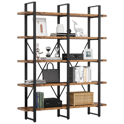 Industrial Bookshelf and Bookcase Double Wide 5 Tier, Large Open Shelves, Wood and Metal Bookshelves for Home Office Furniture, Easy Assembly