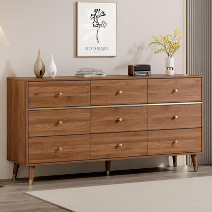 9 Drawer Dresser, 63" Wide Mid Century Modern Chest of Drawers