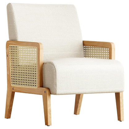 Modern Accent Chair with Rattan Armrest, Linen Fabric Arm Chair with Ash Wood Legs, White Accent Chair for Living Room, Bedroom, Balcony