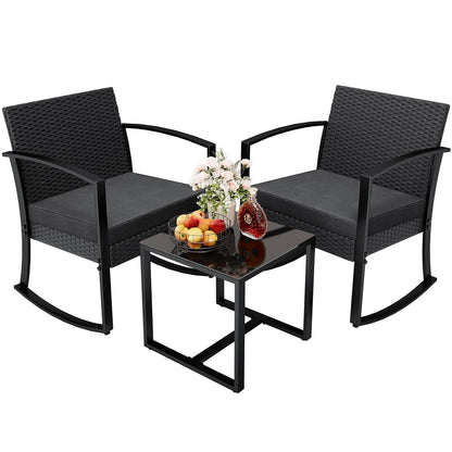 3 Pieces Outdoor Furniture Set Patio Bistro Rocking Chairs with Glass Coffee Table for Pool Beach Backyard Balcony Porch Deck Garden, Black