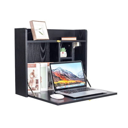 Wall Mounted Table, Multifunctional Fold Down Wall Mounted Laptop Computer Desk with Storage Compartments for Home, Office (Black)