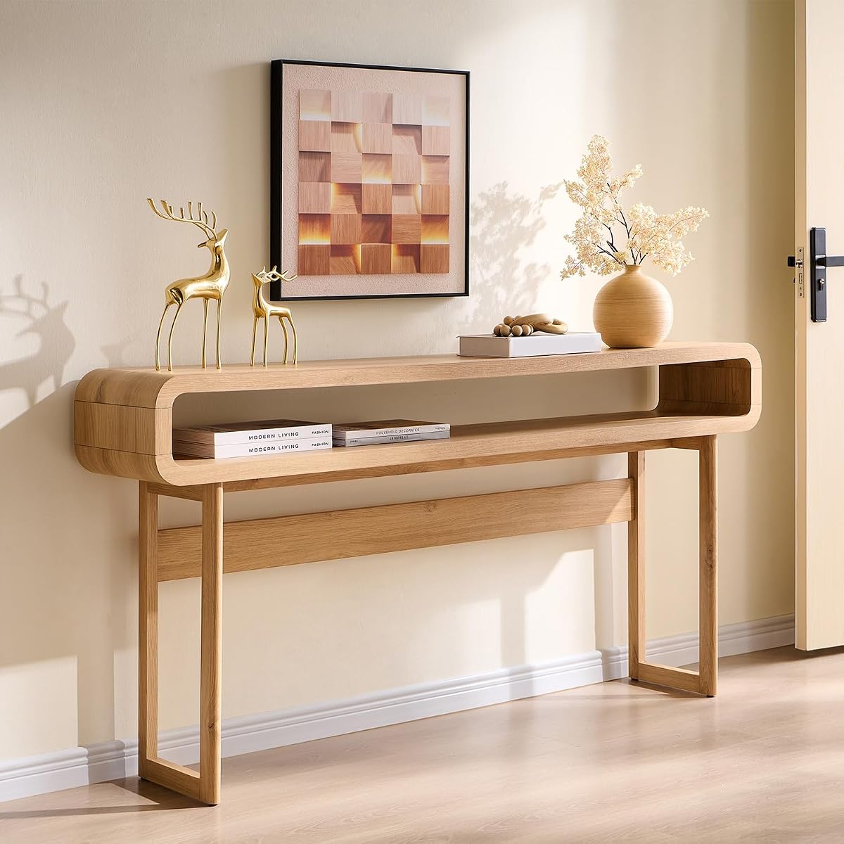63-Inch Long Console Table, 31.5" Tall Modern Entryway Table with Open Storage Shelf, Curved Profile Design, Narrow Wood Sofa Table Behind Couch Table for Living Room, Hallway,Foyer, Natural Oak