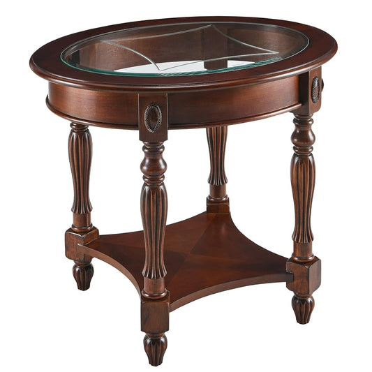 Oval Round Glass End Table, 2-Tier Solid Wood Glass Top End Side Tables, Traditional Victorian Nightstand for Bedroom Living Room Office, 28" W x 22" D x 24.2" H, Cherry Walnut CJZ-1533-GT