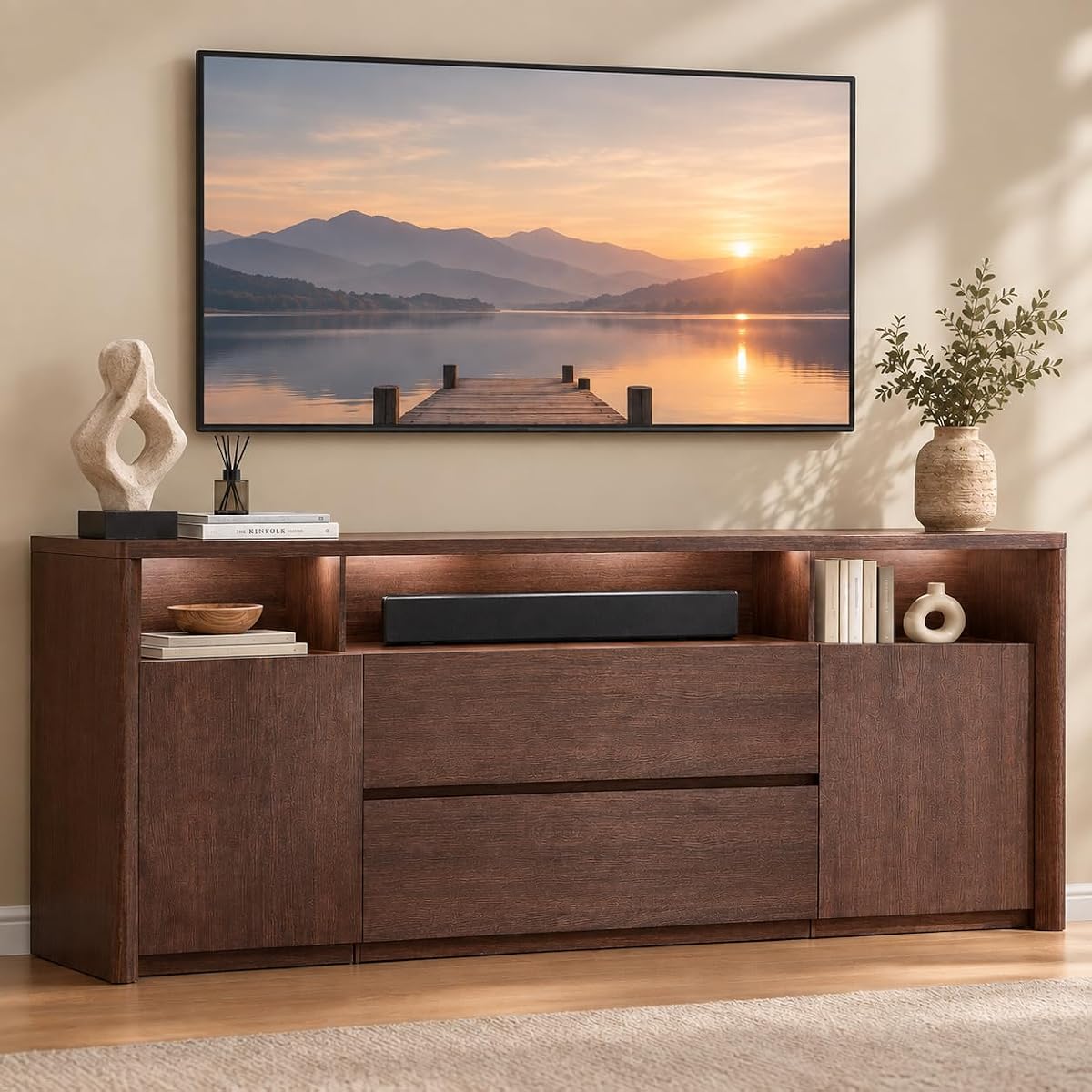 Amada 70" Mid Century TV Stand for TVs Up to 80", Thick TV Console, Walnut