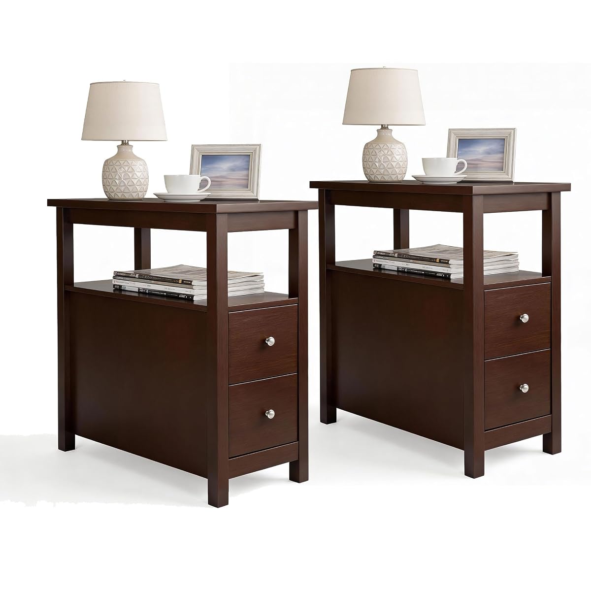 End Table Set of 2, Slim Side Table with 2 Drawers and Storage Shelf, 3 Tier Sofa Couch Table for Living Room Bedroom Apartment Small Spaces, Espresso