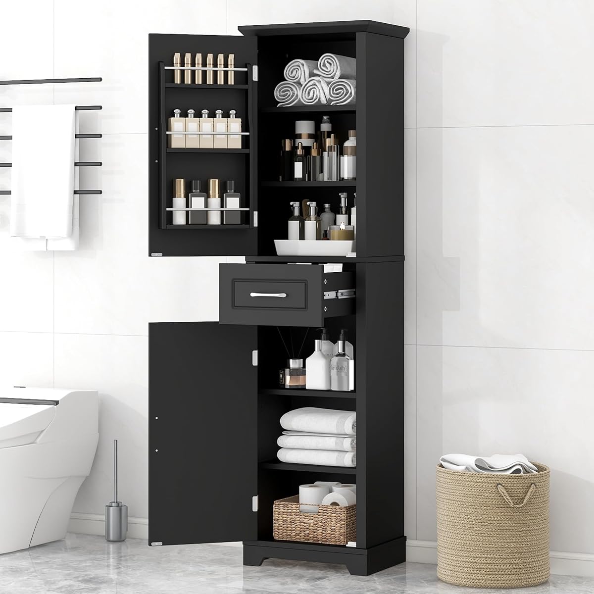 73 Inch Bathroom Storage Cabinet with Adjustable Shelves, Black | Black MDF, bathroom or office, painted finish, door shelves, enclosed cabinets, lower compartment, anti-tip kit, 72.5 in H
