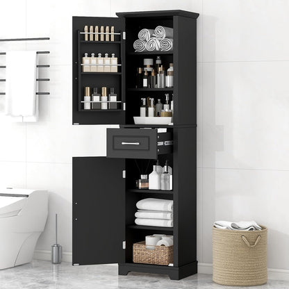 73 Inch Bathroom Storage Cabinet with Adjustable Shelves, Black | Black MDF, bathroom or office, painted finish, door shelves, enclosed cabinets, lower compartment, anti-tip kit, 72.5 in H