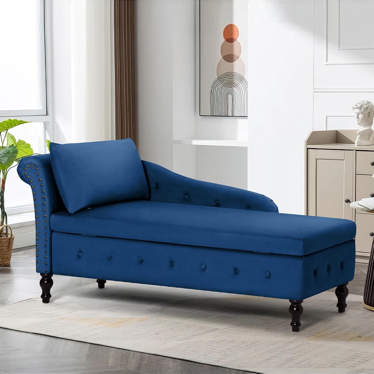 Velvet Chaise Lounge w/Left Armrest & Storage Space, Blue