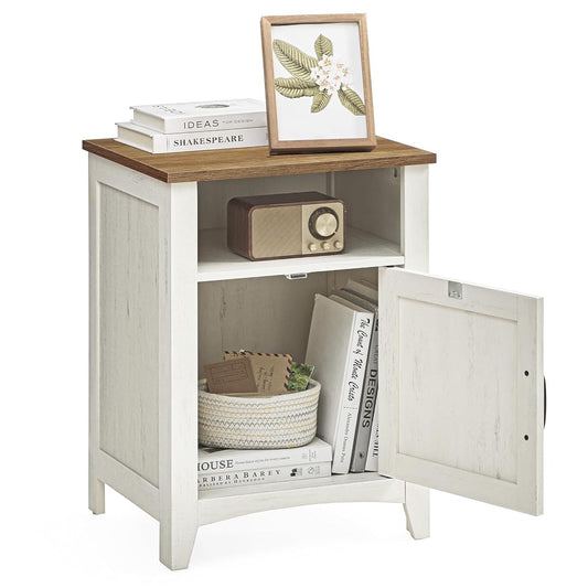 VASAGLE Nightstand Farmhouse Barn Door Bedside Table with Storage | Side End Table, Night Stand, Open Compartment, for Bedroom, Rustic White and Honey Brown, LIRY Collection, LET609K41