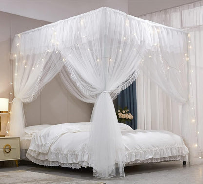 4 Corners Post Ruffle Princess Bed Canopy Curtain-Double Layer Cozy Drape