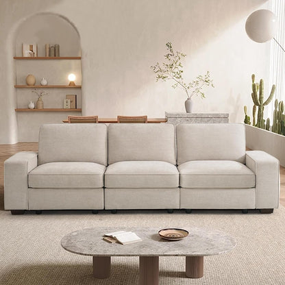 100" Modular Sofa with Seats Storage, Comfy 3-Seater Chenille Fabric Couch for Living Room, Office, Apart W/Deep Seat, Wide Arms, Side Pockets, USB, Removable Covers, Upholstered Couch/Beige