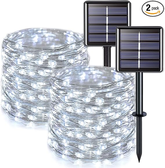 2 Pack Solar String Lights Outdoor Waterproof, Each 33FT 100 LED Solar Fairy Lights Outdoor, 8 Modes White Christmas Light for Outside Garden Tree Patio Yard Wedding Christmas Decorations