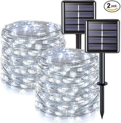 2 Pack Solar String Lights Outdoor Waterproof, Each 33FT 100 LED Solar Fairy Lights Outdoor, 8 Modes White Christmas Light for Outside Garden Tree Patio Yard Wedding Christmas Decorations