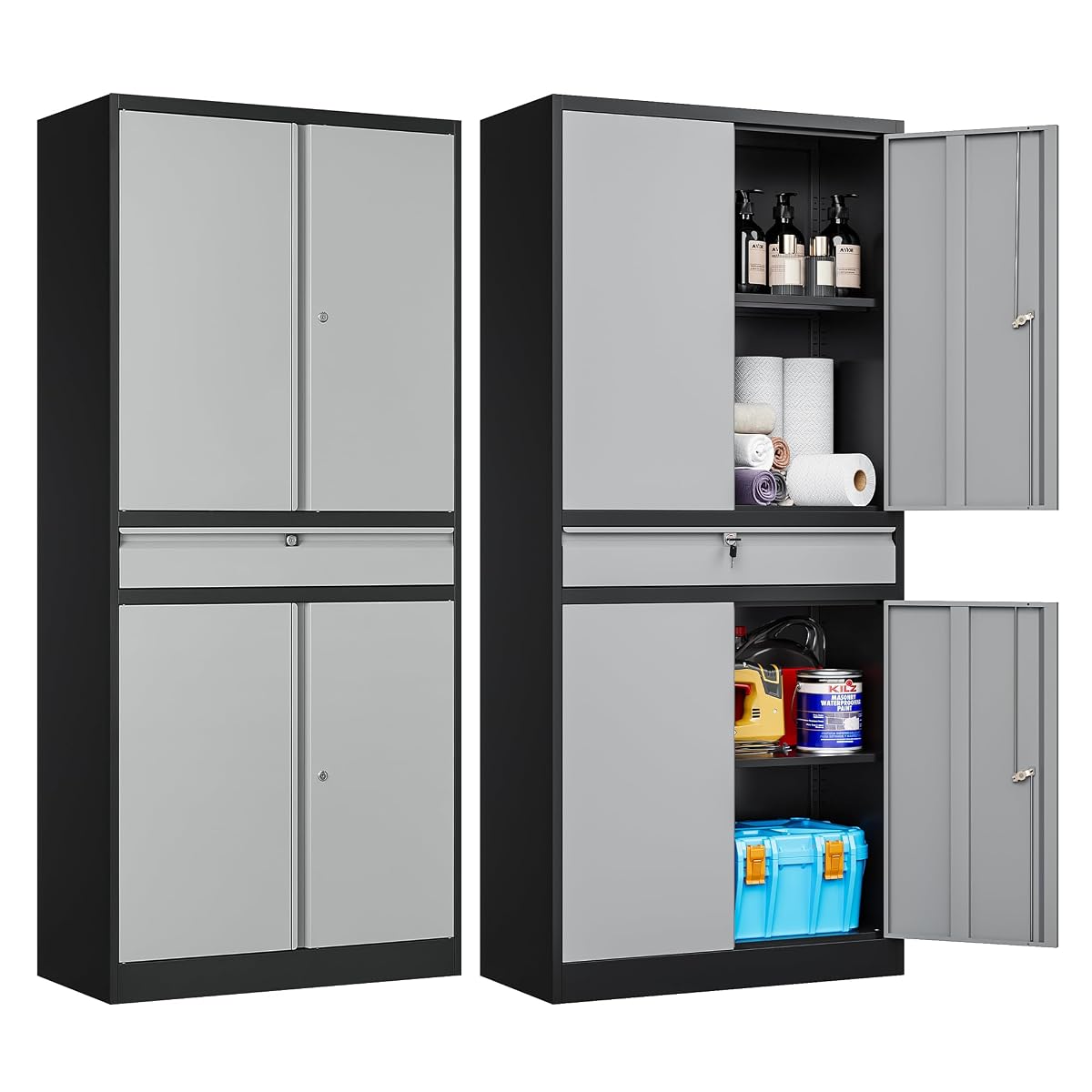 Metal Garage Storage Cabinets with Lockable Doors and Adjustable Shelves, 71" H Tool Cabinet for Home, Office, Warehouse (Black Grey)