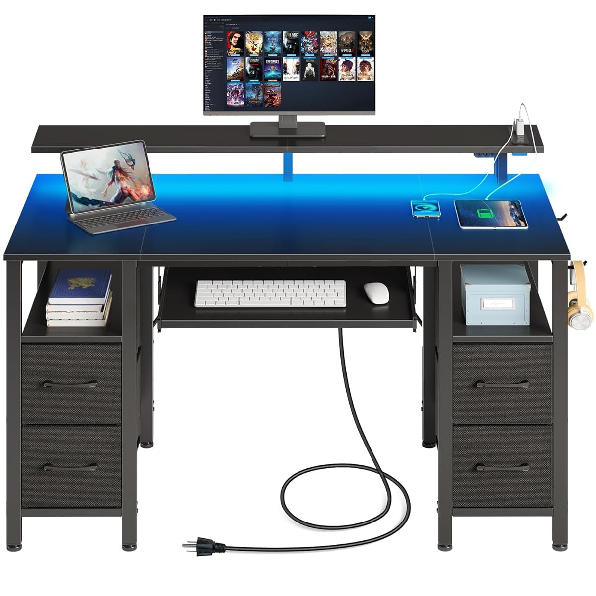 Computer Desk 55.1" with LED Lights & Power Outlets, Home Office Desk with 4 Drawers, Writing Desk with Keyboard Tray, Study De sk with Monitor Stand, Work for Home Office, Black