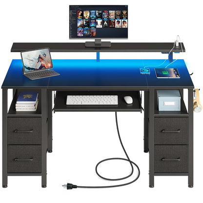 Computer Desk 55.1" with LED Lights & Power Outlets, Home Office Desk with 4 Drawers, Writing Desk with Keyboard Tray, Study De sk with Monitor Stand, Work for Home Office, Black
