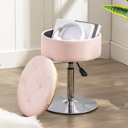 360°Swivel Vanity Stool Chair for Makeup Room, Height Adjustable Stool for Vanity with Storage, Small Pink Faux Leather for Bathroom, Living Room