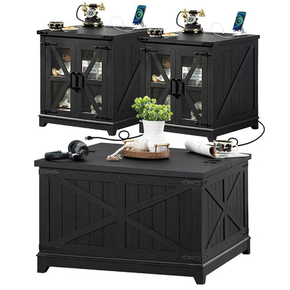 Farmhouse Coffee Table Sets 3 Pieces, Large End Side Tables with Charging Station and Coffee Table with Hidden Storage Compartment, Black Living Room Table Set, Wood Furniture Sets for Home Office