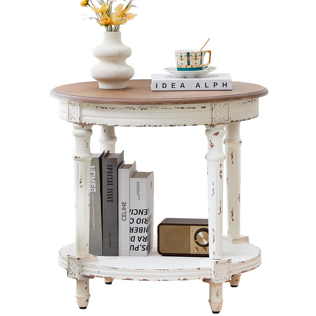 23.6" French Country Two Tone Round End Table,Chipped White Vintage 2 Tier Side Table for Living Room Small Space,No Tool Assembly