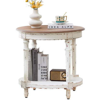 23.6" French Country Two Tone Round End Table,Chipped White Vintage 2 Tier Side Table for Living Room Small Space,No Tool Assembly