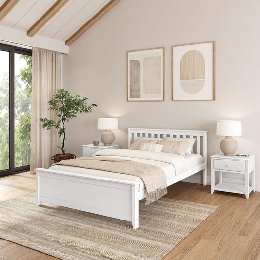 Solid Wood Queen Bed Frame, Platform Bed with Headboard, White