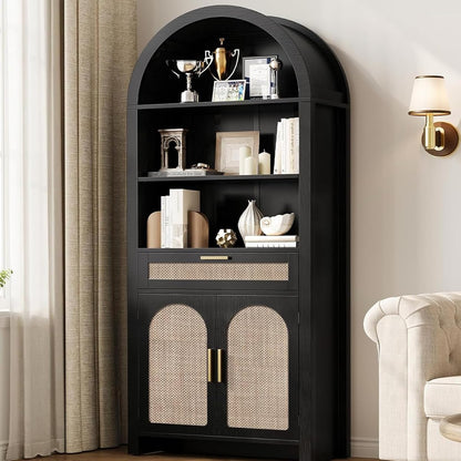 71.3" Tall Arched Bookshelf with Doors - 5 Tier Rattan Arched Bookcase