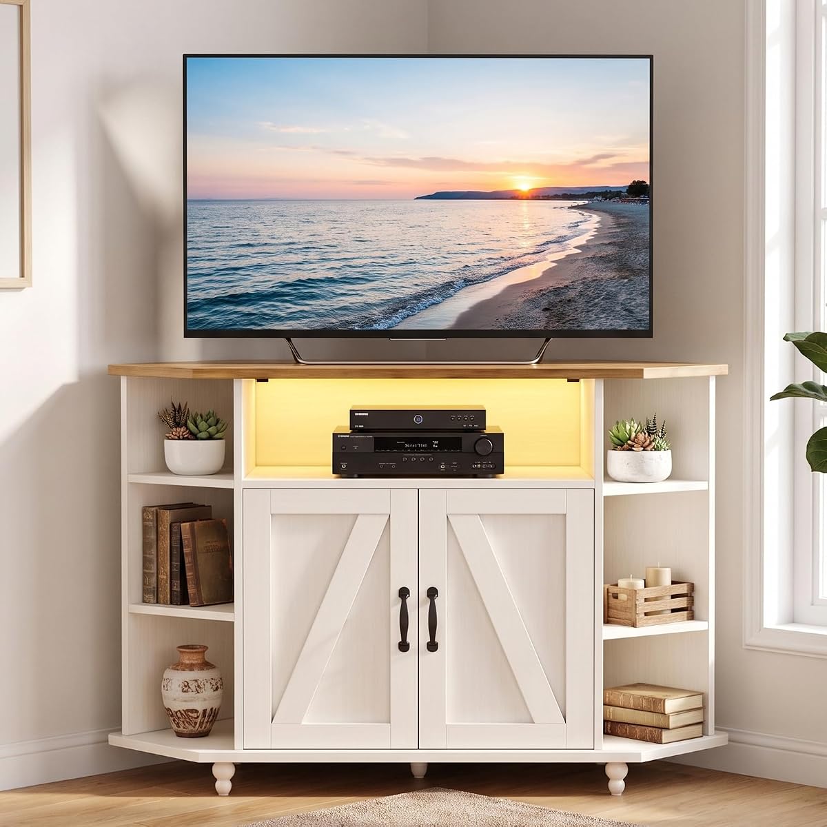 45" Corner TV Stand for 55-Inch TVs with Storage, White