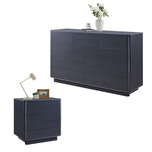 Bedroom Set of 2, 7 Drawer Dresser (52" W) & 22" Nightstand, Modern Push-to-Open Drawers, Curved Profile Design, Dresser and Nightstand Sets for Bedroom, Black