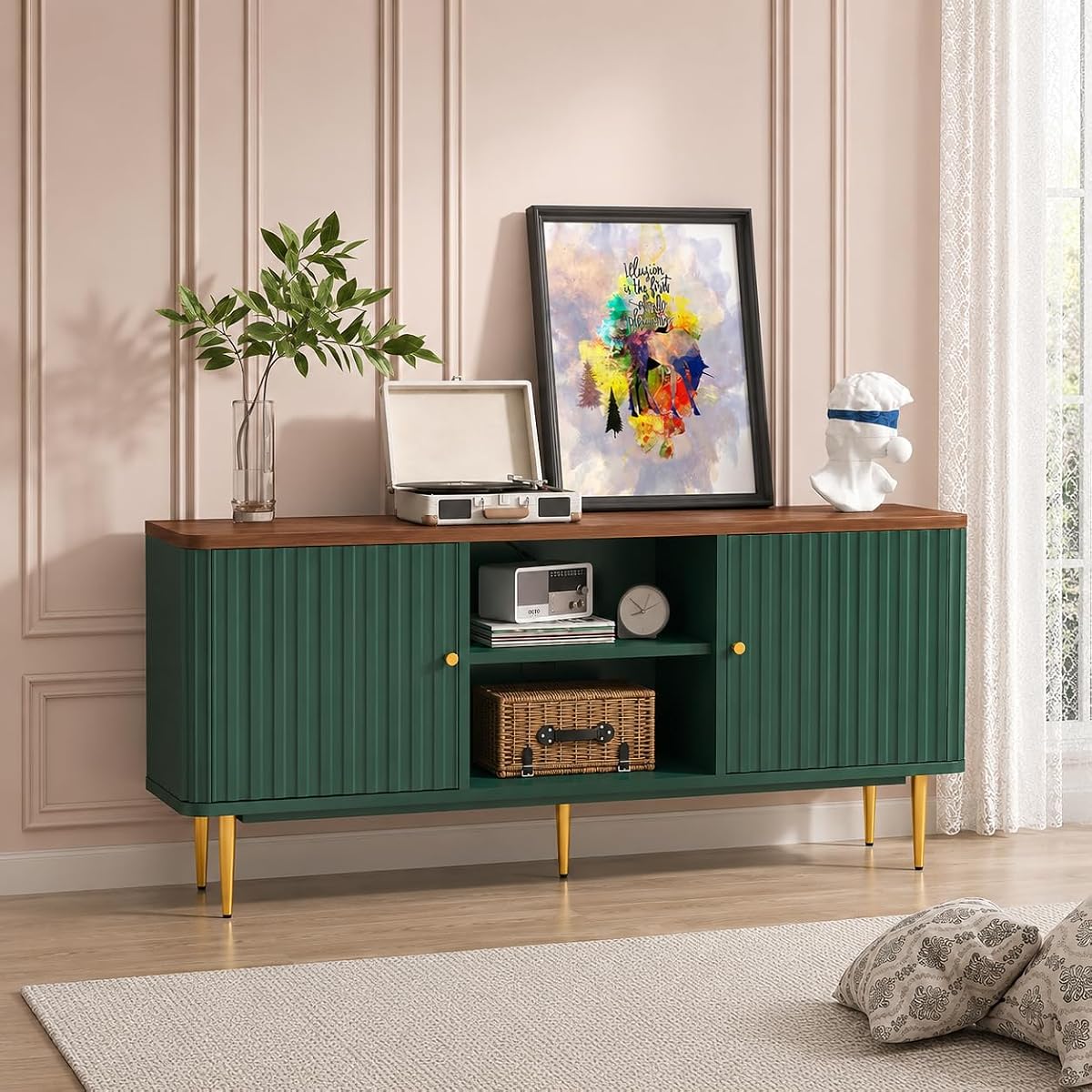 55” Fluted TV Stand, Mid Century Modern Green TV Stand for 55/60/65 inch TV, Entertainment Center with Storage, Television Stands, TV Console, Media Console for Living Room, Bedroom (Green)