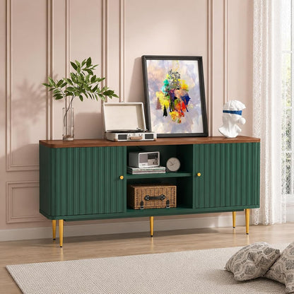 55” Fluted TV Stand, Mid Century Modern Green TV Stand for 55/60/65 inch TV, Entertainment Center with Storage, Television Stands, TV Console, Media Console for Living Room, Bedroom (Green)