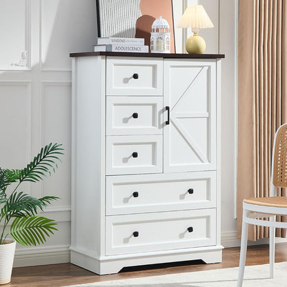 Dresser for Bedroom, Farmhouse Dresser with 5 Wooden Drawers and Storage Cabinet, 48 Inches Tall Chest of Drawers for Bedroom, Living Room, Hallway, White