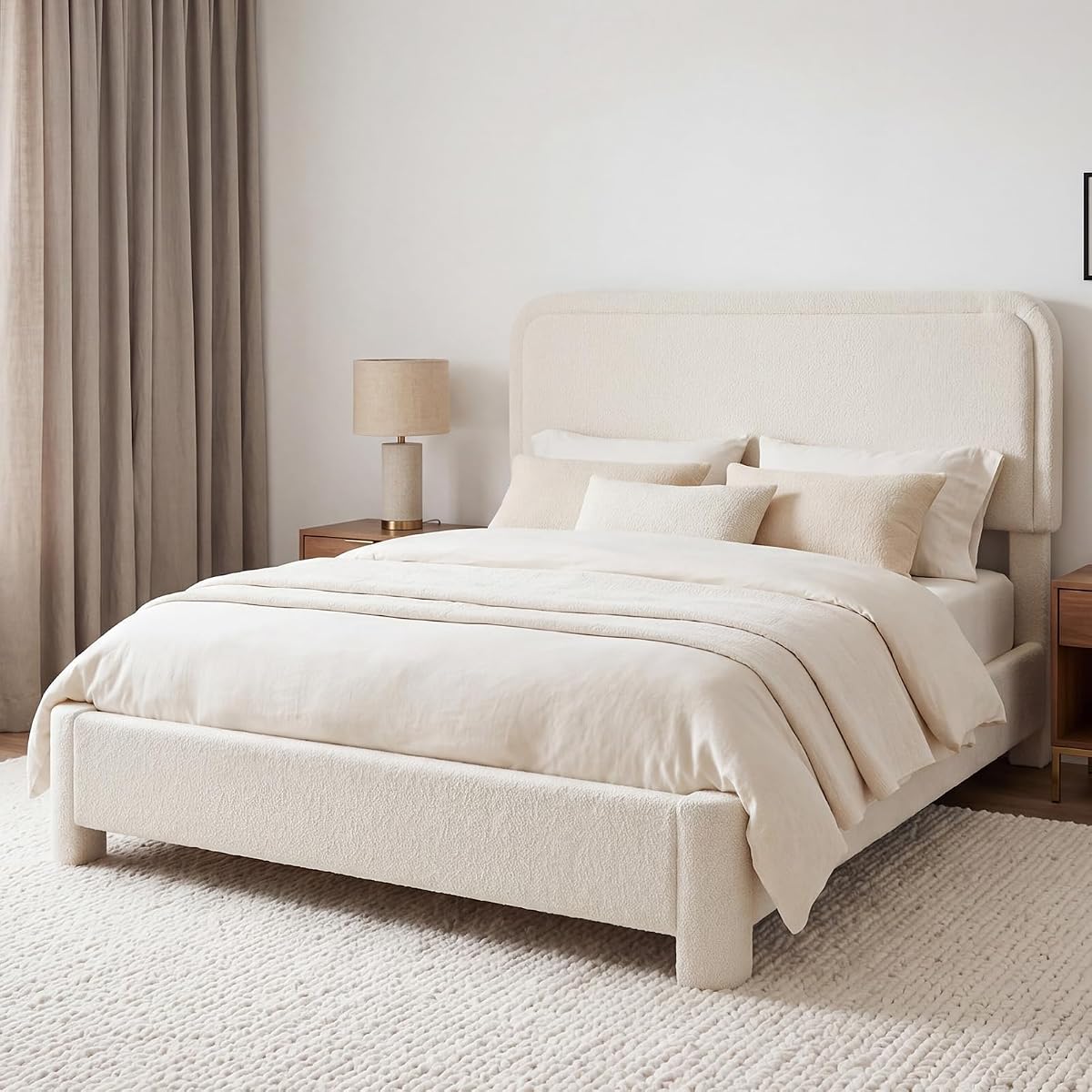 Queen Bed Frame with Adjustable Headboard, Luxurious Teddy Boucle Platform Bed