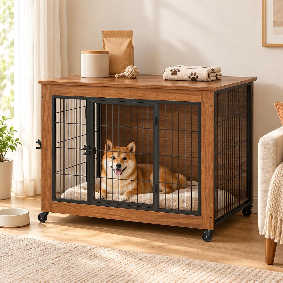 38.6" Dog Crate Furniture with Wheels and Double Doors