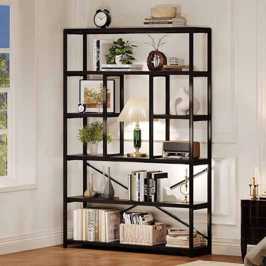 6 Tier Tall Black Bookshelf, Modern Large Wide Book Rack Storage, Industrial Wood Metal Etagere 6 Shelf Bookcase, Farmhouse Open Display Book Shelf Organizer for Bedroom Living Room Office, Black
