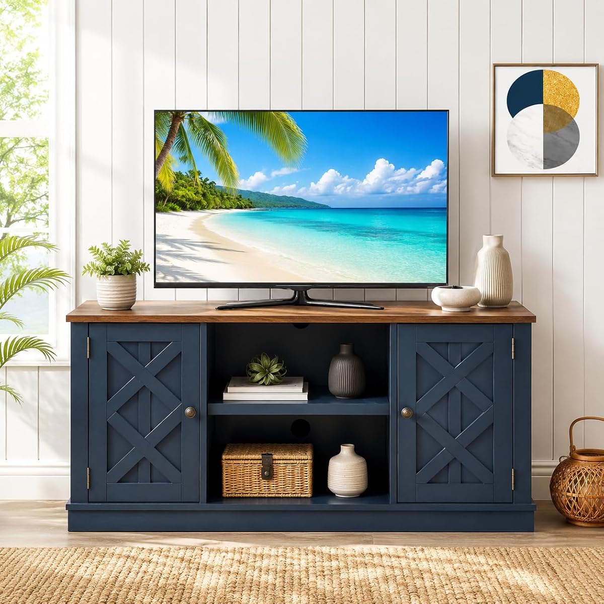 54 Inch TV Stand Entertainment Center with 2 Front Doors and 6 Shelves for TVs