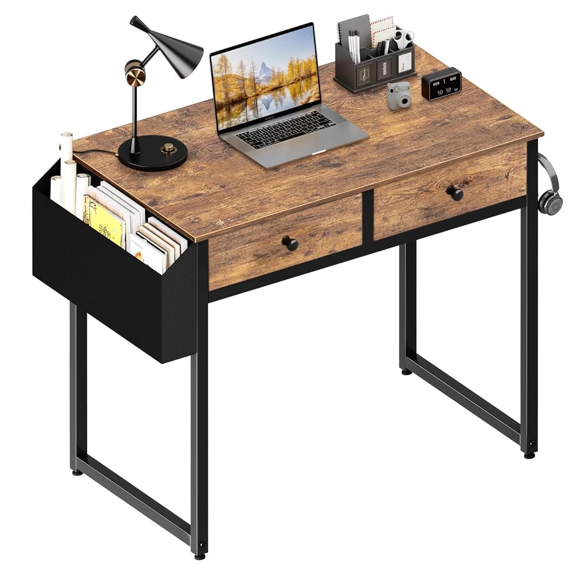 Small Computer Desk with 2 Drawers for Bedroom, 31 Inch Home Office Desk with Storage Fabric Drawer and Bag, Study Writing Table for Small Spaces, Rustic Brown