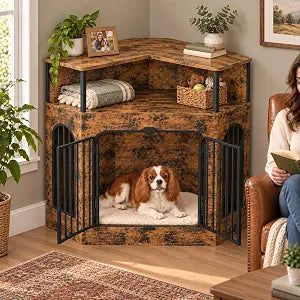 46" Corner Dog Crate Furniture with Storage Shelf, view 2