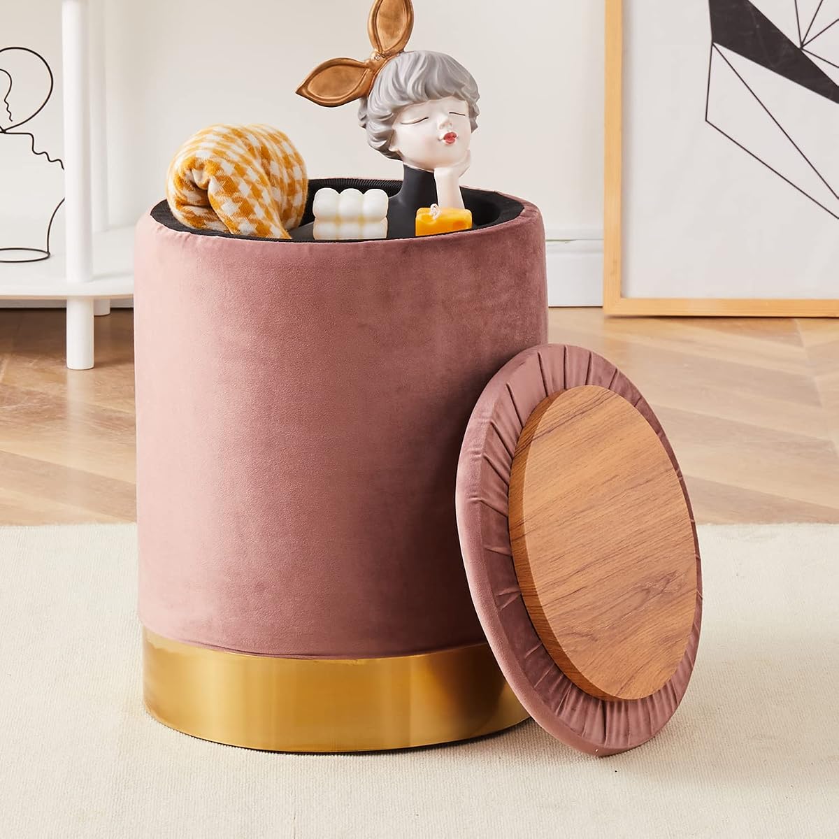 Velvet Storage Ottoman Multipurpose Footrest Stool with Metal Base Modern Round Vanity Stool Chair Ottoman Foot Stools Support 300 lbs Padded Seat for Living Room (Dusty Rose (Velvet))