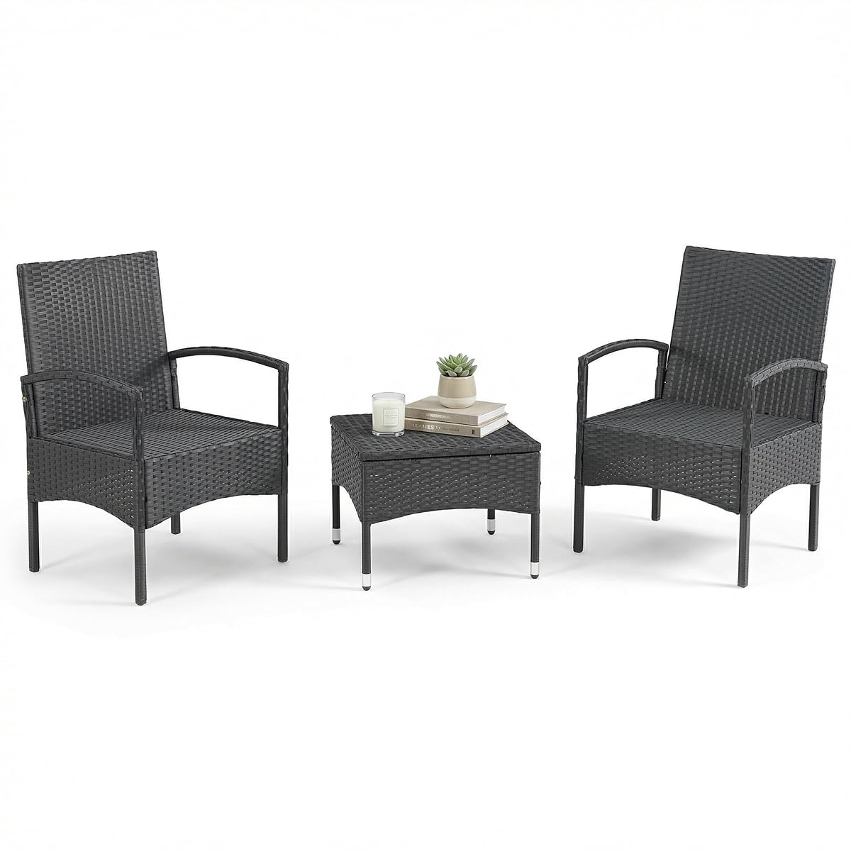 80-OUTD-WK-NCSHCHTBL, Gray Outdoor Patio Set ? 3-Piece Rattan Seating Combo with 2 Chairs and Table for Deck, Balcony, or Front Porch Furniture