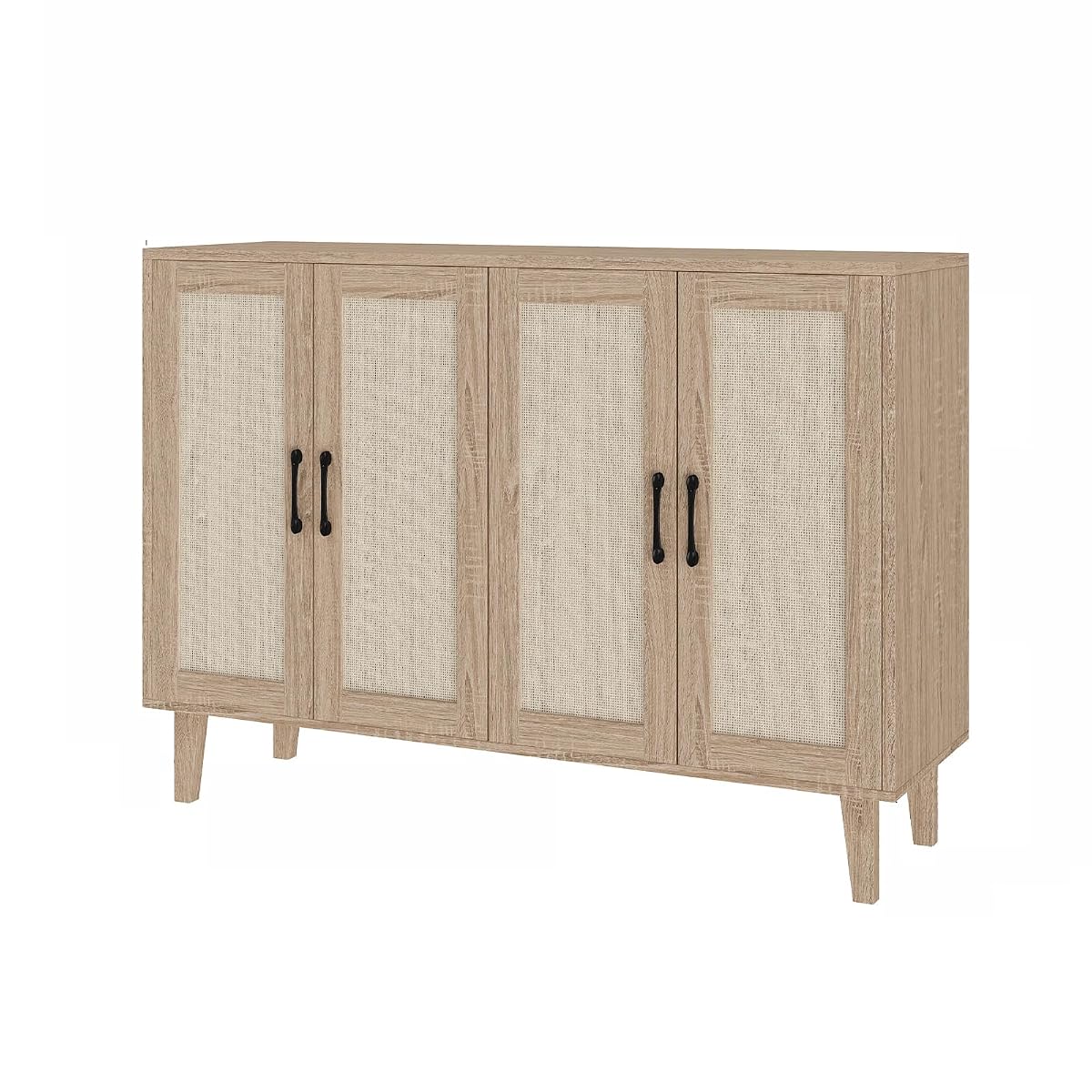 Buffet Storage Cabinet with Rattan Decorating 4 Doors Living Room Kitchen Sideboard 48.43 x 34.65 x 15 inch (Natural Wood)