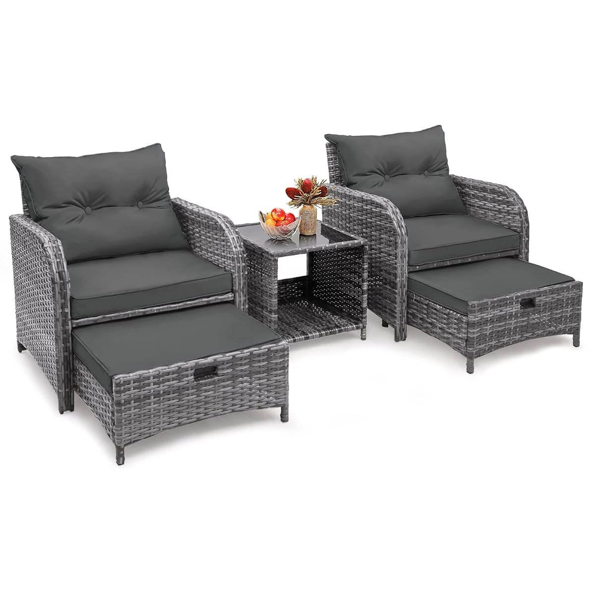5 Pieces Wicker Outdoor Patio Chairs with Ottomans, All Weather PE Rattan Outdoor Conversation Set Bistro Patio Furniture Set with Hidden Ottoman for Porch Backyard Balcony, Grey