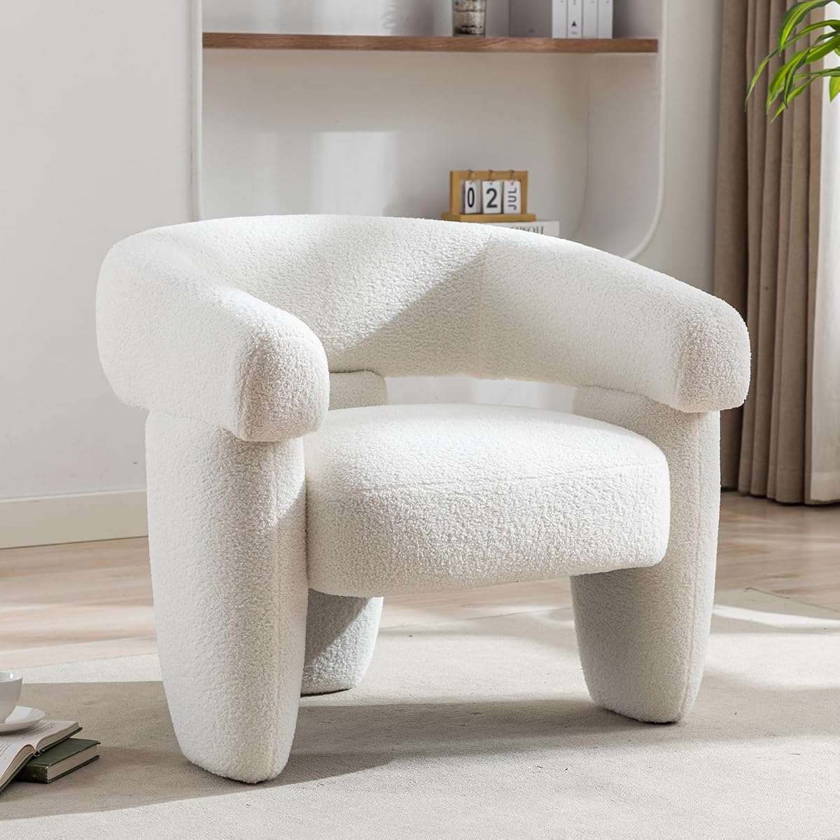 Mid Century Modern Accent Barrel Chair Comfy Upholstered Round Armchair with Montage Design, Sherpa Boucle Lounge Chair for Living Room Bedroom Apartment, Cream White