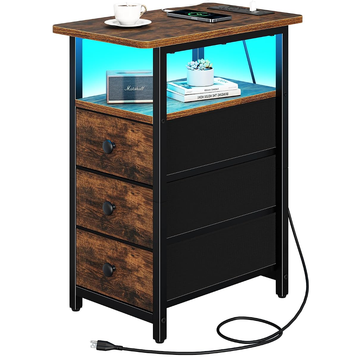 End Table with Charging Station, LED Narrow Side Table Bedside Table, Small Night Stand End Tables Living Room, Skinny Nightstand with 3 Fabric Drawers, Side Tables Bedroom for Small Spaces