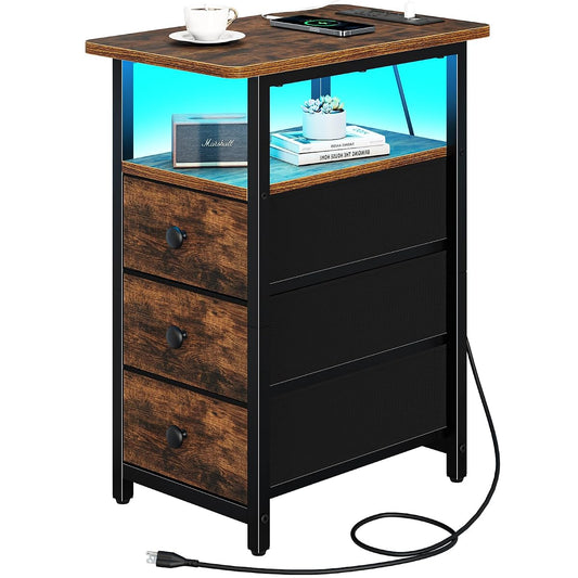 Narrow LED end table with charging station and three fabric drawers