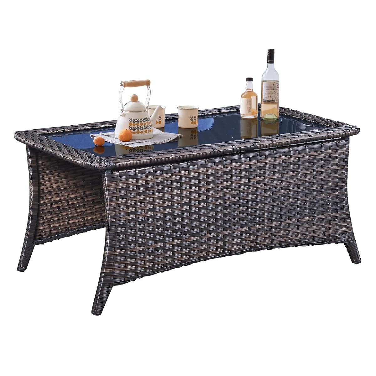 Outdoor Coffee Table with Tempered Glass Top, Patio Rectangular Brown Wicker, Handwoven Rattan Coffee Table Compatible with Patio Furniture Sets for Porch Deck Backyard